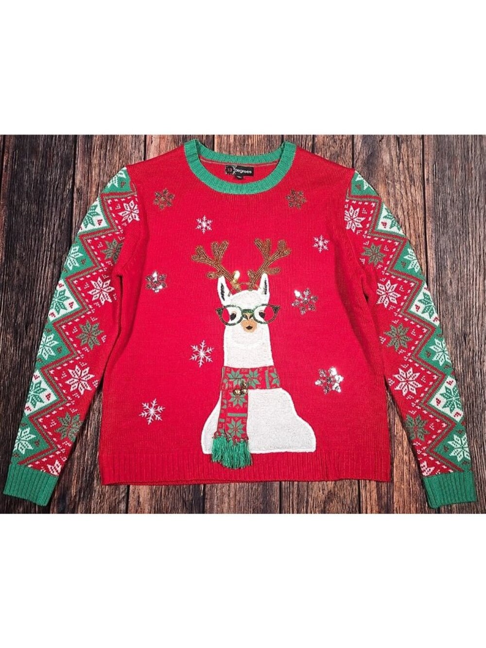 Ugly Christmas Llama Reindeer Sweater Red Sparkle Sequin 33 Degrees Men's Large